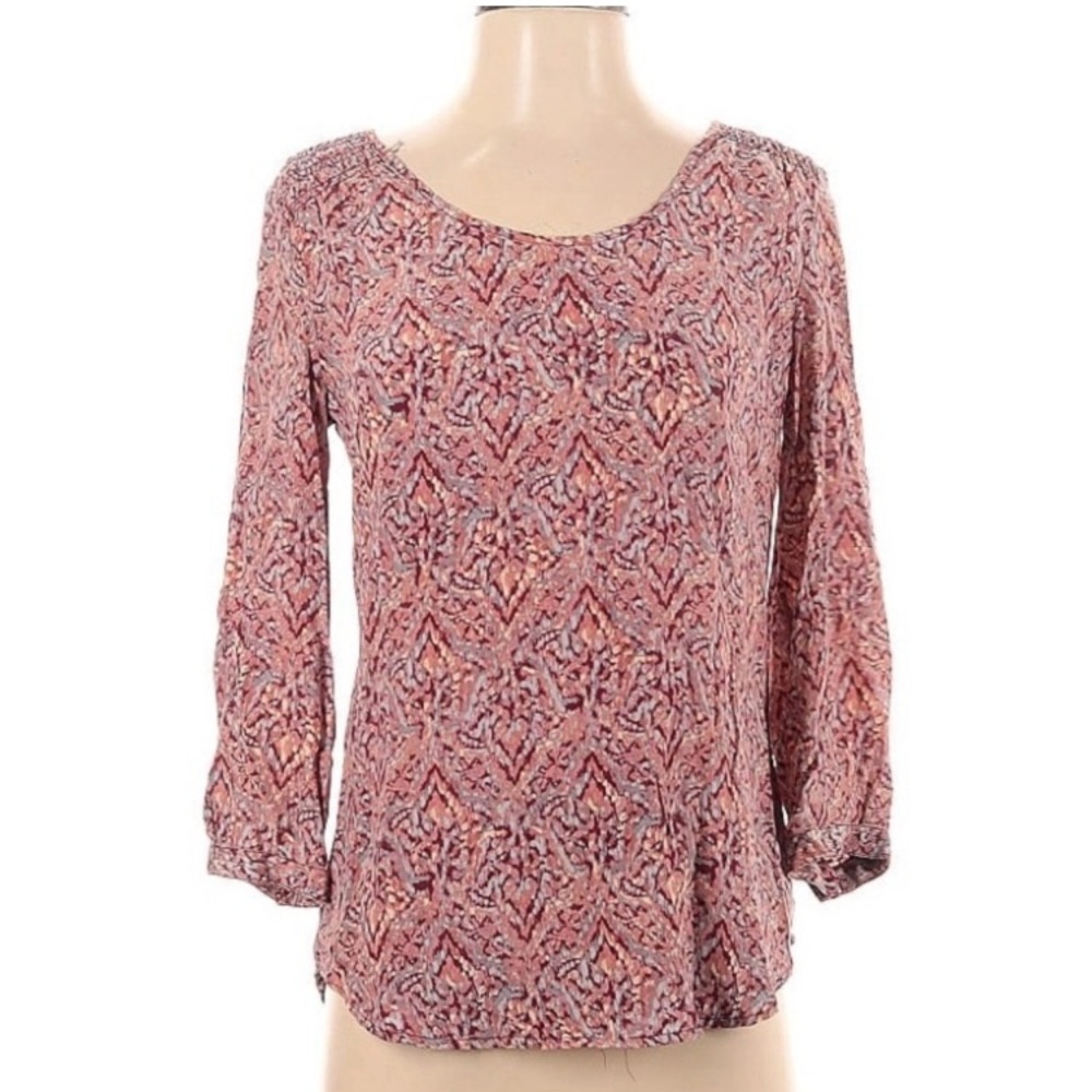 Max Studio 100% Silk Sz XS printed blouse top tee tunic boho pink red paisley
